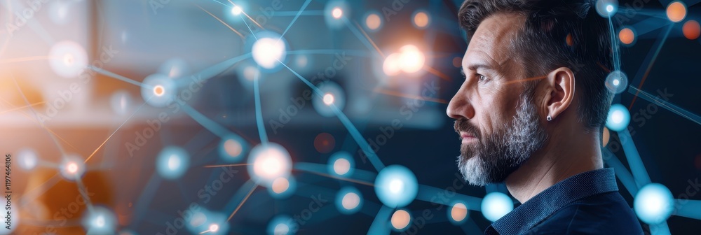 Aufkleber profile of a thoughtful man surrounded by abstract digital connections, symbolizing innovation and t