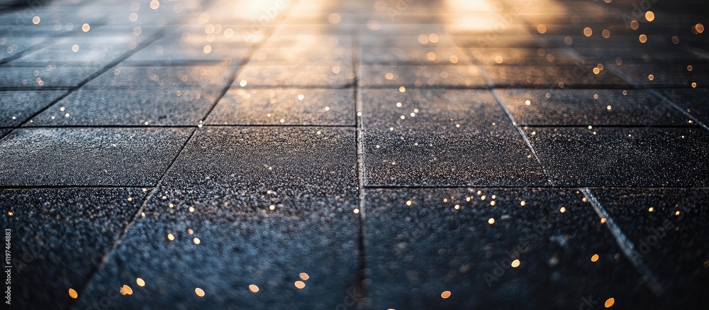 Poster glittering black particles on wet sidewalk at night illuminated by streetlights with empty copyspace