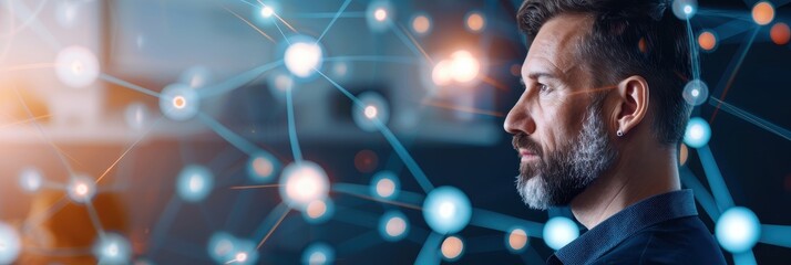 Profile of a thoughtful man surrounded by abstract digital connections, symbolizing innovation and technology in a modern context.