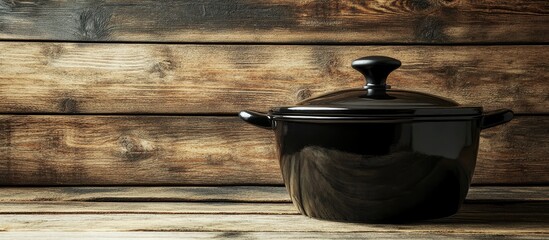 Black cooking pot with metallic lid positioned on rustic wooden surface against dark wooden background with ample negative space for text insertions