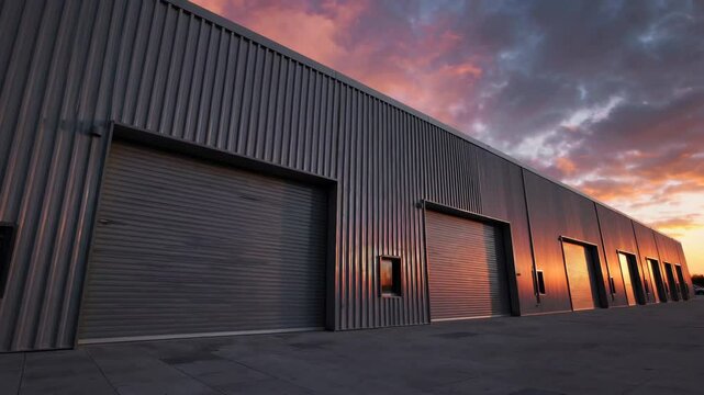 warehouse exterior with sleek gray metal cladding and large garage doors at sunset