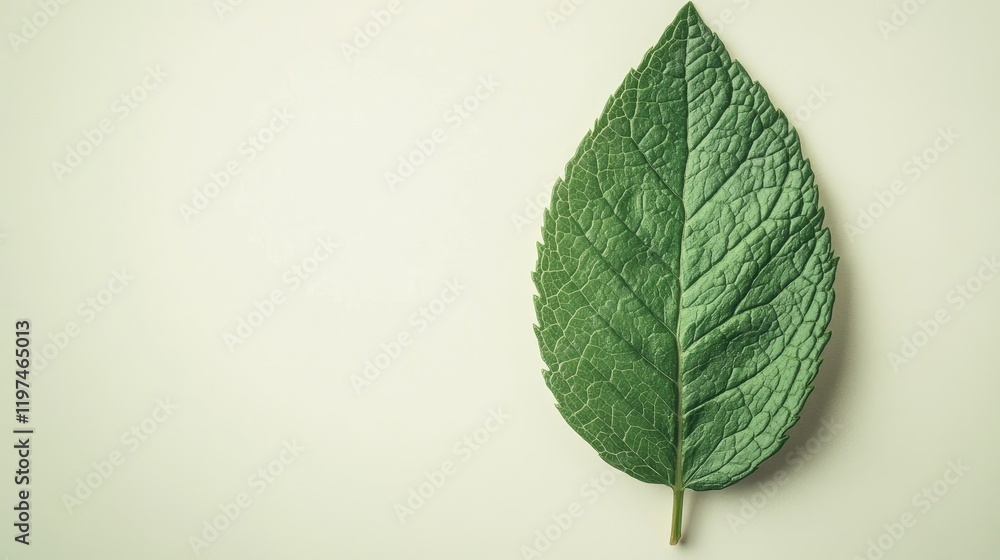 Poster fresh green leaf on neutral background with copy space for text insertion