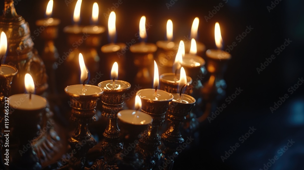Poster illuminated candles on a decorative candelabrum create a warm and serene ambiance in a dimly lit env