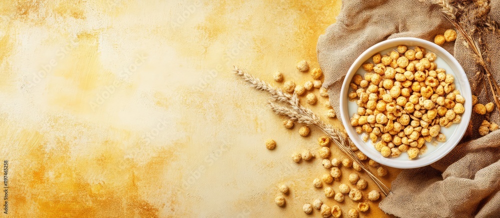 Poster breakfast cereal with milk in a bowl on yellow table with empty space for text