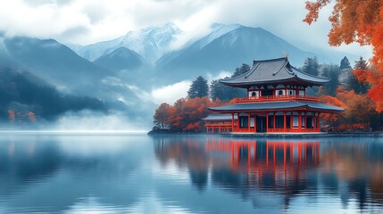 Fototapeta premium Serene Autumn Temple Lakeside Mountain View