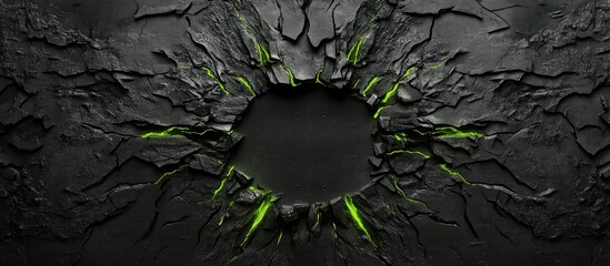 Futuristic black cyberpunk textured background featuring cracked tree bark with vibrant green accents and ample empty space for text layout.