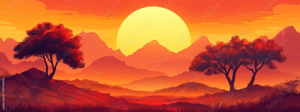 Poster sunset landscape with mountains and silhouetted trees in warm orange and red tones with ample copy s