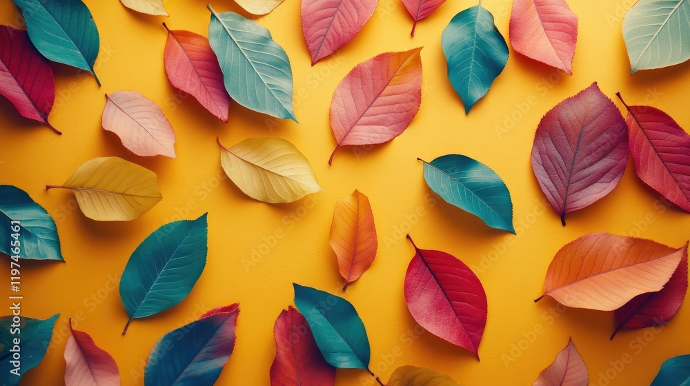 Poster colorful autumn leaves on a bright yellow background with ample copy space for text placement in a c