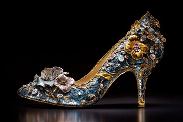 Fototapeta premium Jewel-encrusted high-heel shoe, floral design, dark background, studio shot, fashion accessory