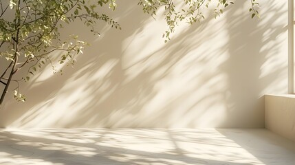 Minimalist indoor scene with tree branch shadows on a beige wall