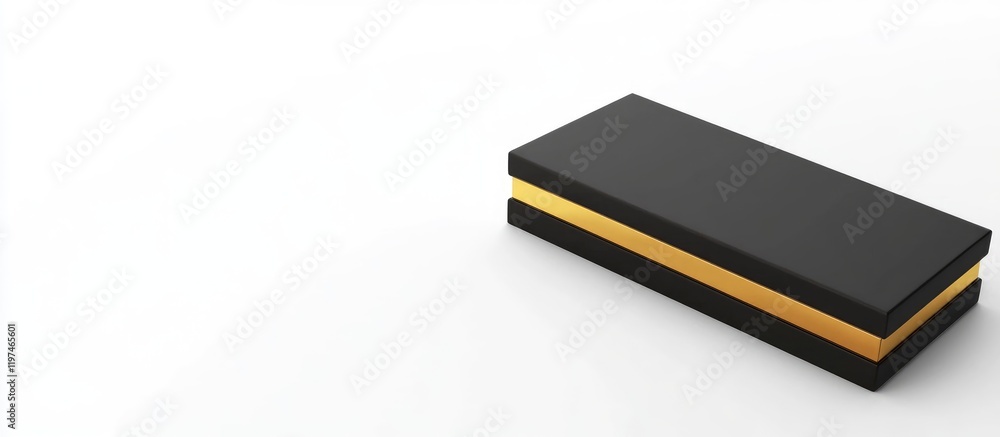 Poster elegant black gift box adorned with a shimmering gold ribbon, positioned on a clean white background