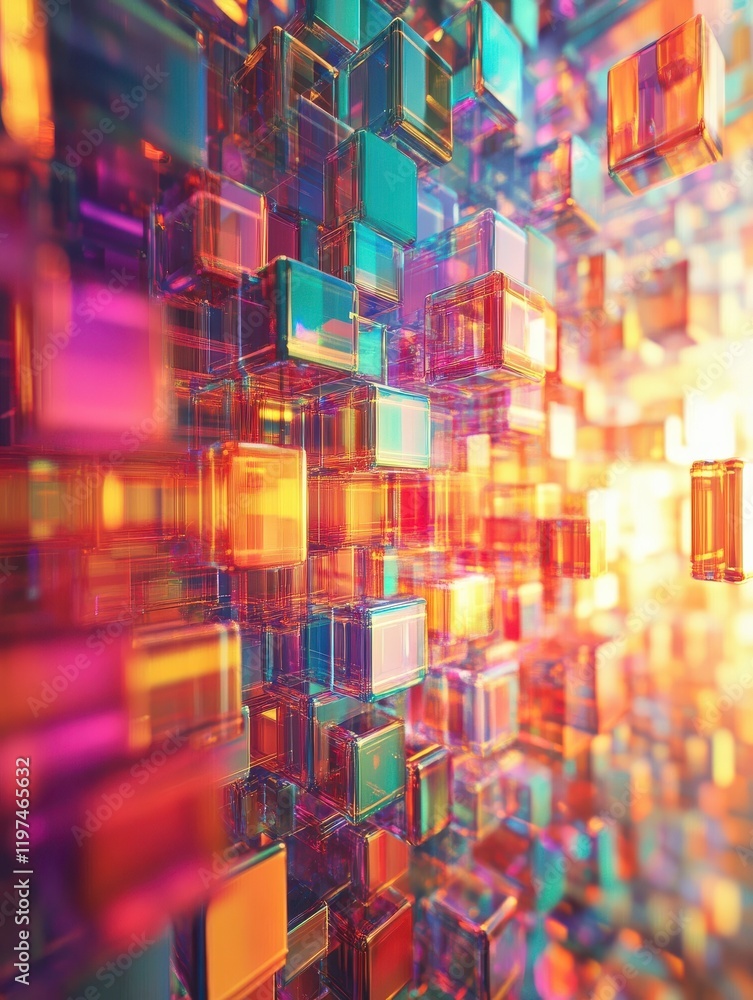 Poster abstract colorful blurry pixel blocks background. bg and technology, digital world concept. 3d rende