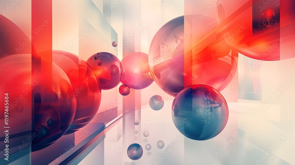 Poster abstract floating translucent red and blue spheres in a geometric background