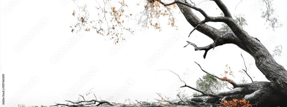 Poster old gnarled tree branches on white background with autumn leaves and copy space for text placement