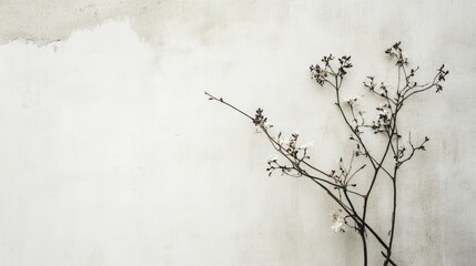 Dry branch with white flowers against textured white wall with copy space for text placement
