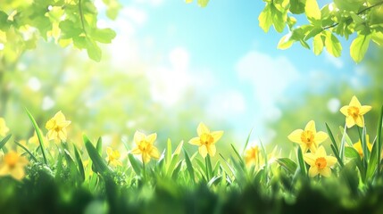 Vibrant yellow flowers blooming amidst lush green grass under a bright blue sky with soft clouds and gentle sunlight Copy Space