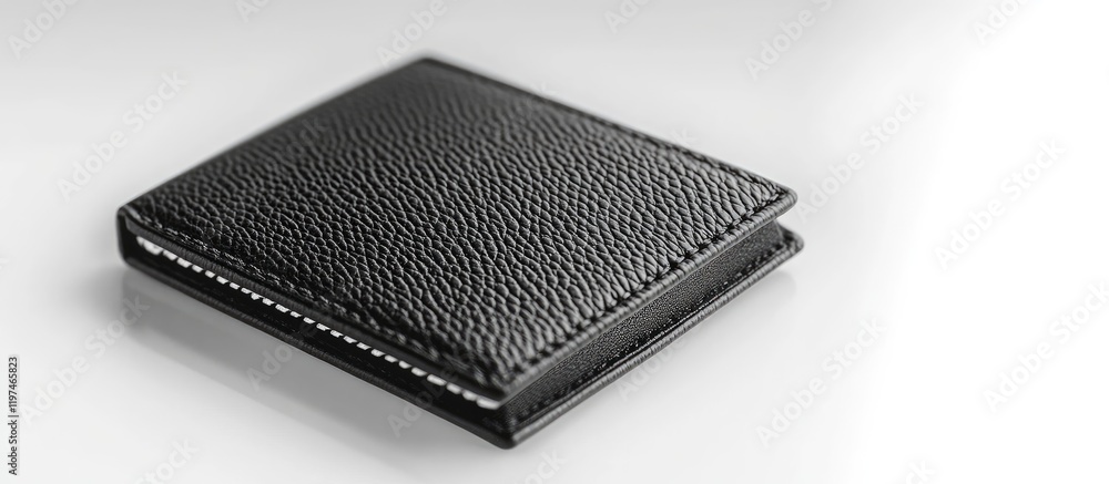 Poster elegant black embossed wallet positioned on a pristine white surface with ample negative space for t