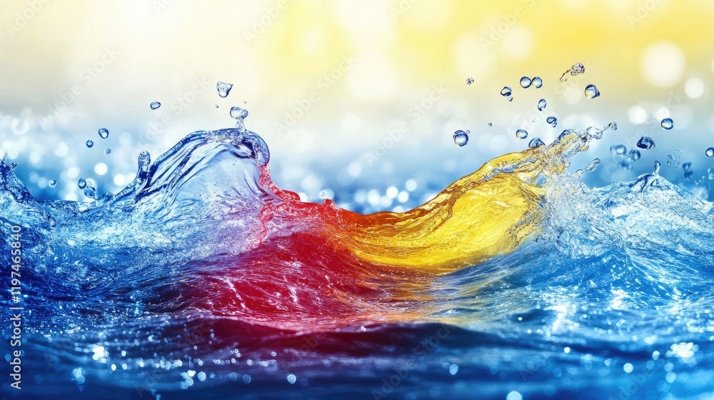 Poster colorful water splash with vibrant hues of blue and yellow creating dynamic movement and texture ide