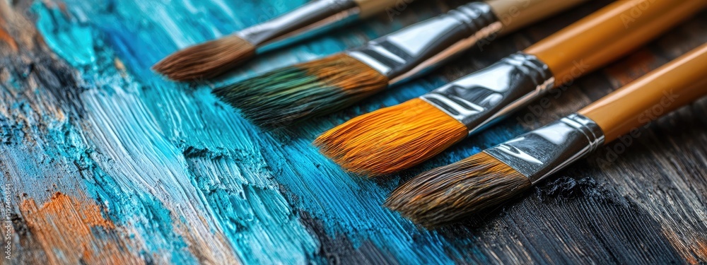 Poster detail shot of paintbrushes with various bristle shapes resting on a textured colorful oil paint bac