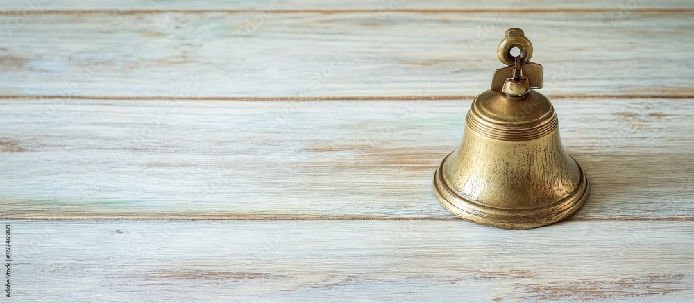 Poster vintage brass bell positioned on a bright wooden tabletop with ample negative space for text and des