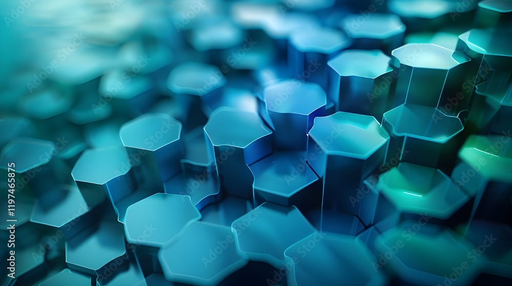 Poster abstract 3d hexagonal shapes in gradient blue tones