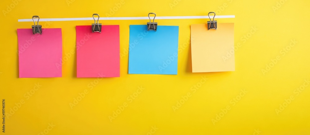 Poster colorful sticky notes for brainstorming customer service concepts on bright yellow background with c