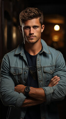 portrait of a young man handsome man dressed in casual denim shirt with smartwatch on wrist vertical