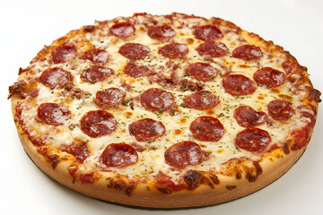 Delicious Pizza topped with mozzarella, tomatoes and salami. Tasty italian mediterranean food