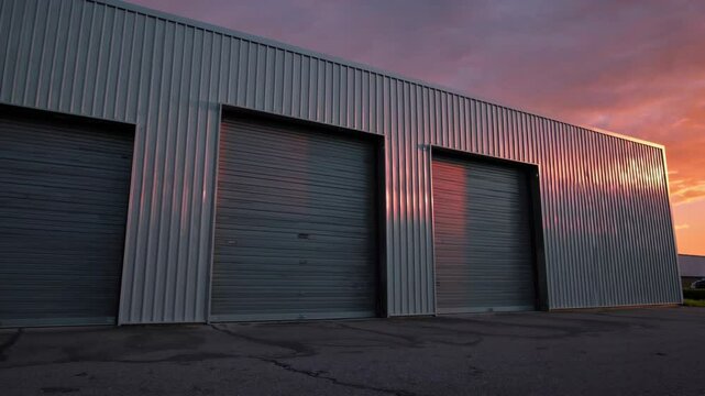 warehouse exterior with sleek gray metal cladding and large garage doors at sunset