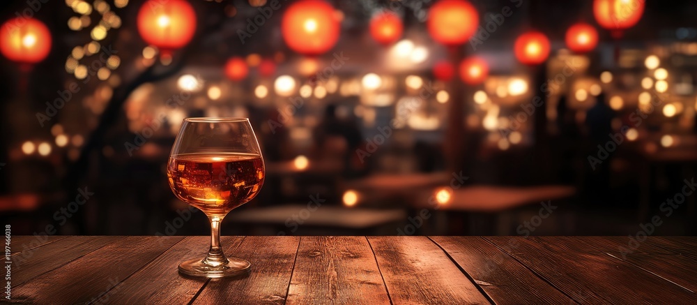 Poster brandy glass resting on rustic wooden bar table with warm festive lights and lively patrons in soft 