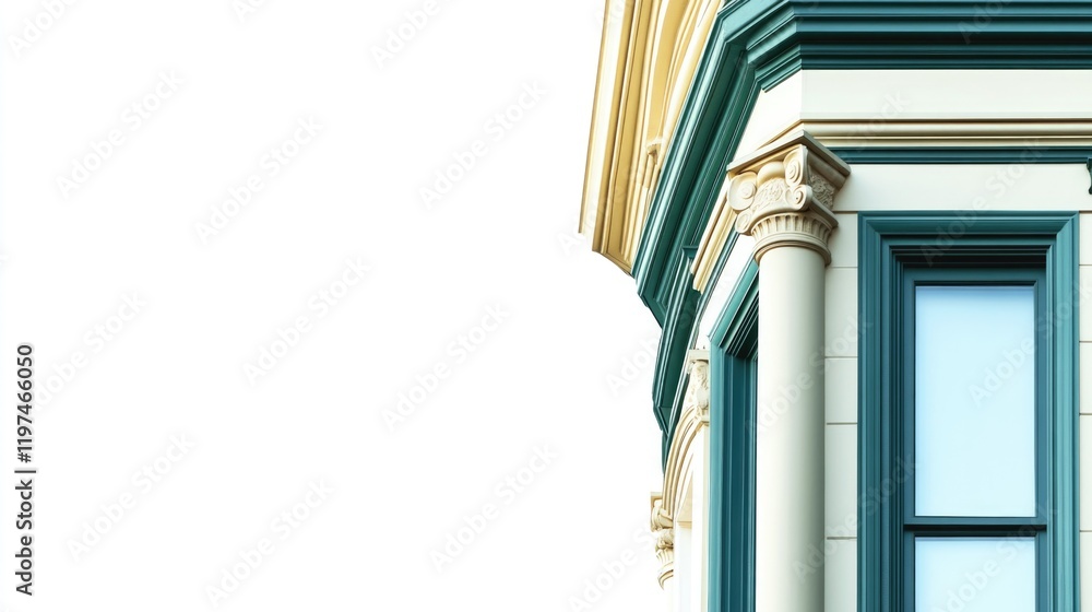 Poster architectural detail of a historic building corner with decorative elements and large window against