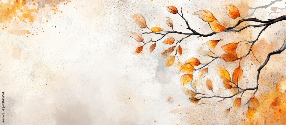 Poster autumn branches adorned with golden hues against a soft watercolor background featuring warm orange 