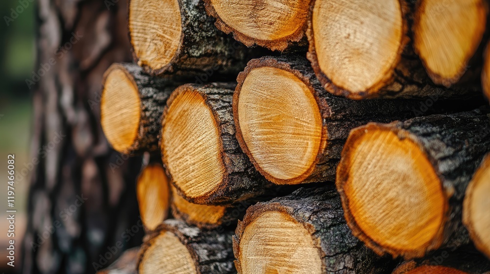 Aufkleber stacked hardwood logs with visible cross-sections displaying texture and grain patterns copy space