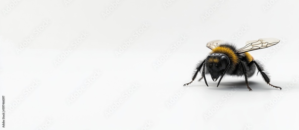 Poster black bumblebee on white background with soft shadows and empty space for text, close-up detail high