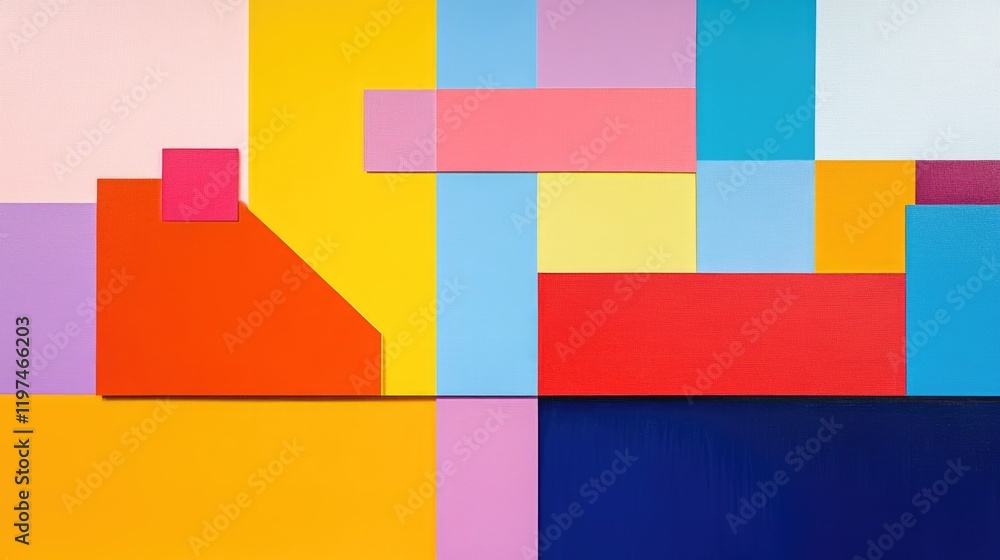 Poster colorful geometric abstract composition featuring rectangular and square shapes in vibrant hues with