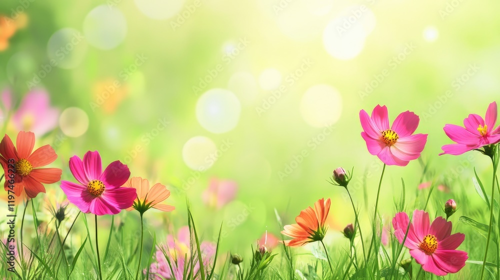 Poster colorful wildflowers in a vibrant green meadow with soft bokeh background and ample copy space for t