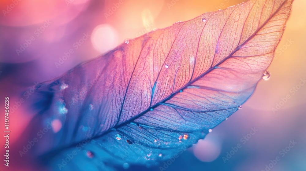 Poster close-up of colorful leaf with water droplets and soft focus background featuring bokeh effect and c