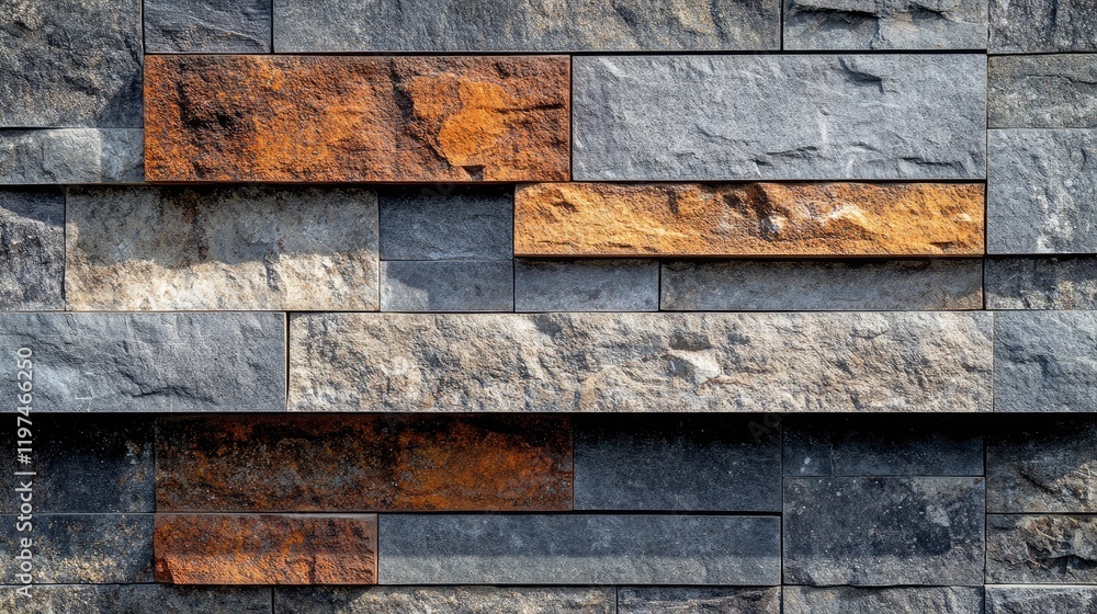 Poster rustic stone wall with a mix of gray and orange textured panels, featuring varied shapes and colorat