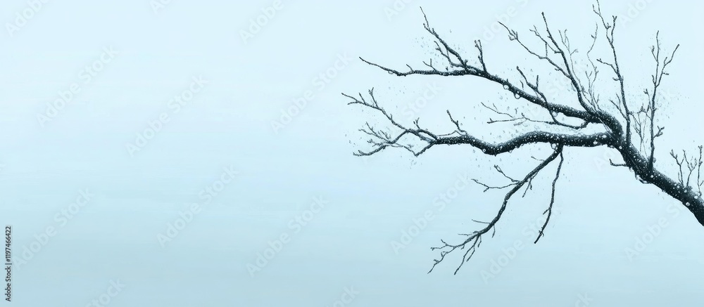 Poster bare tree branch with dew droplets against soft blue background conveying melancholy atmosphere idea