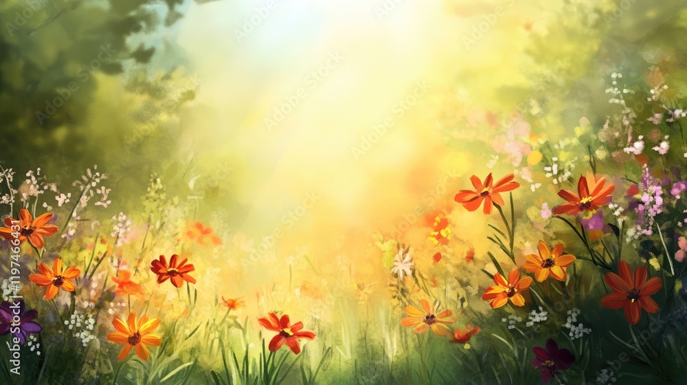 Poster colorful wildflower meadow with soft sunlight and bokeh effect suitable for nature backgrounds and c