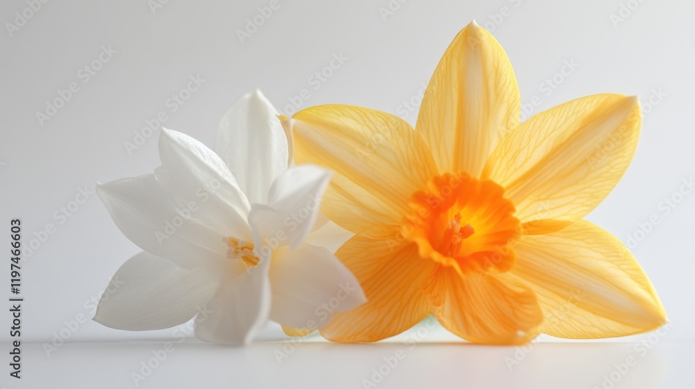 Poster yellow and white flowers on a light background with soft shadows and copy space for text