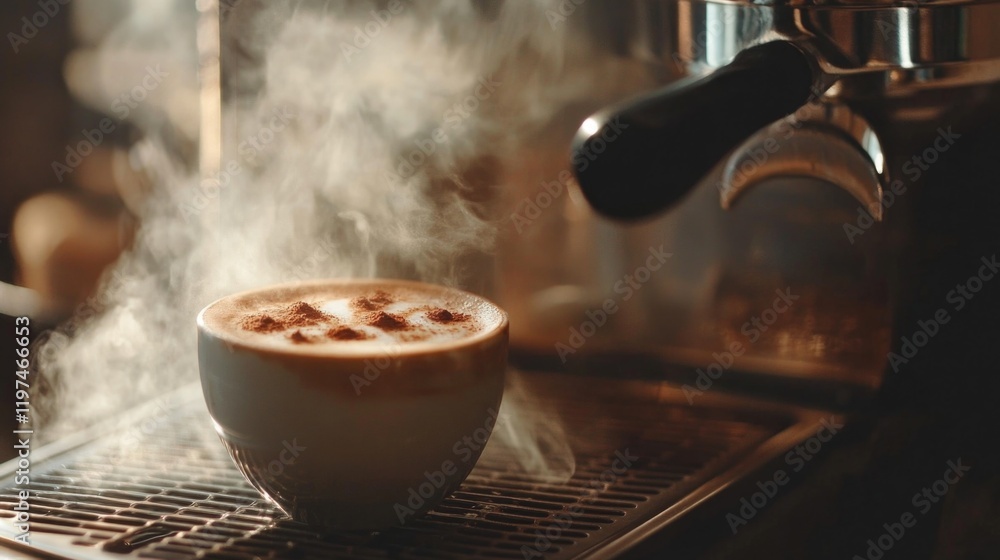Poster freshly brewed coffee in a steaming cup placed on an espresso machine with warm ambient light copy s