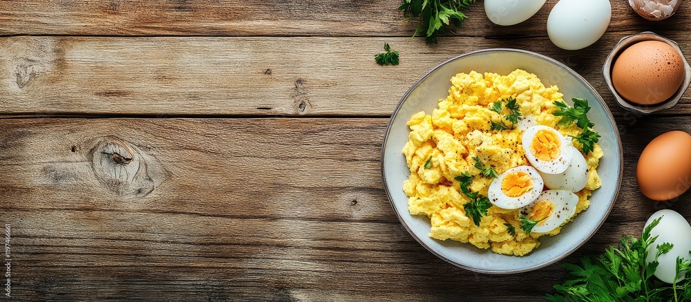 Aufkleber breakfast table setting with yellow scrambled eggs and egg salad garnished with parsley on rustic wo