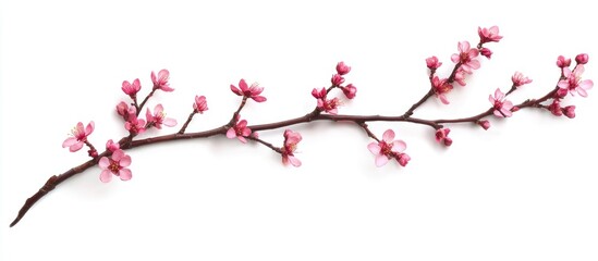 Fototapeta premium Delicate branch of blooming Redbud tree with vibrant pink blossoms against a clean white background, ideal for seasonal text overlays and nature themes.
