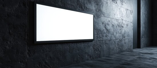 Black Office Wall with Long Thin Empty White Poster Frame on Dark Textured Background - Copyspace for Text in Professional Workspace Environment