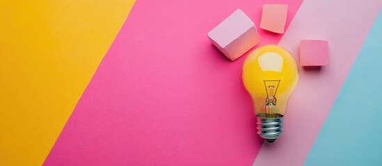 Creative brainstorming session with diverse team presenting innovative strategy over vibrant yellow pink and blue background featuring light bulb and colorful blocks