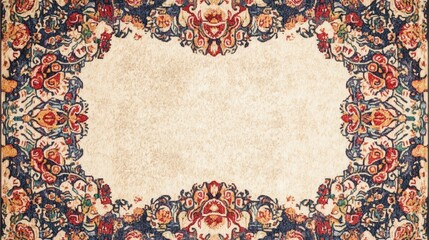 Ornate vintage carpet design with floral motifs and intricate borders, featuring a central blank area for text or logo placement, Copy Space.