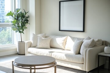 Fototapeta premium Cozy modern living space exuding warmth through sunlight and minimalist design elements perfect for relaxation and gatherings