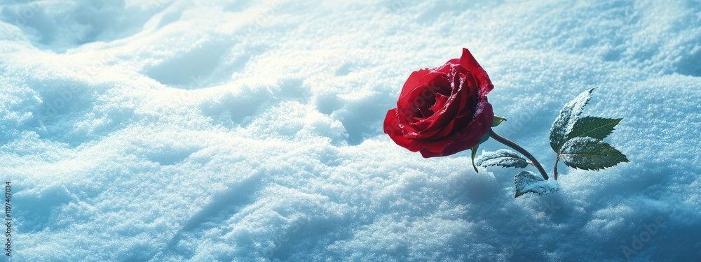 Poster red rose on a snowy surface with soft lighting and copy space for text placement
