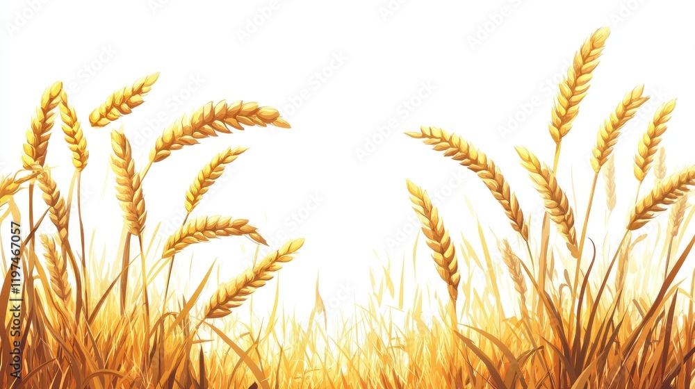 Poster golden wheat ears in a field against a white background with ample copy space for text placement